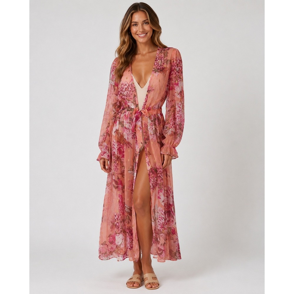 Vintage Y2K Express Sheer Kimono Robe Womens Small Pink Floral Romantic‎ Fairy